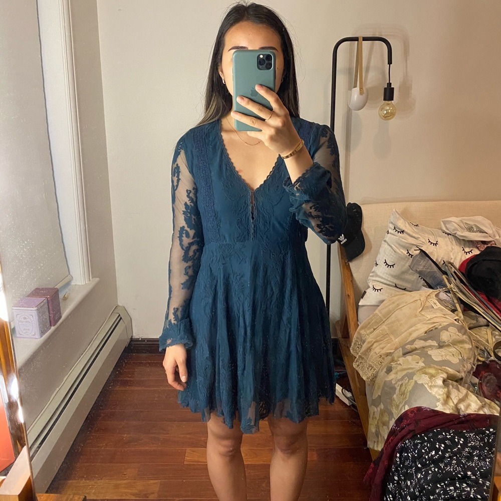 Free People Teal Long Sleeve Lace Dress